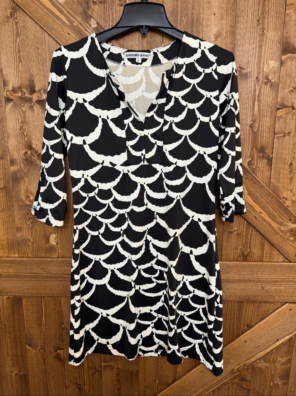 Barbara Gerwit Women’s Small Black White Geometric Print Dress 3/4 Sleeve (9359)